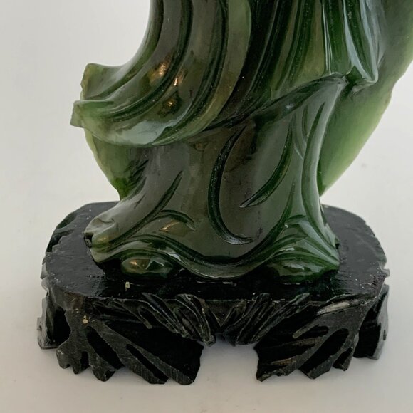 Chinese Nephrite Jade Guanyin 7" Statue w/Stand Hand Carved Deep Green Goddess - Picture 4 of 15